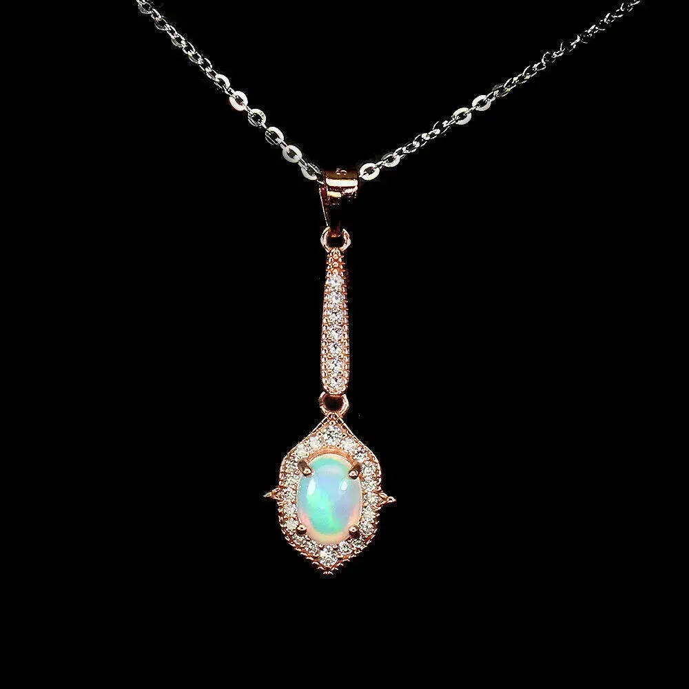 Unheated Oval Fire Opal Rainbow 7x5mm Simulated Cz 925 Sterling Silver Necklace